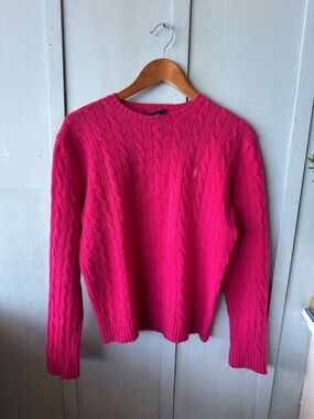 Ralph Lauren 100% Lambswool Cable Crewneck Sweater in Hot Pink